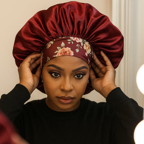 Bonnet de nuit satin bordeaux protection cheveux