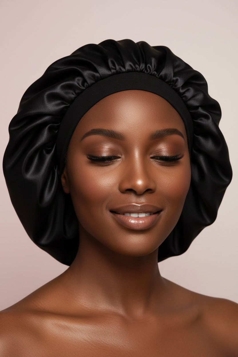 Femme avec bonnet satin nuit protection cheveux crépus