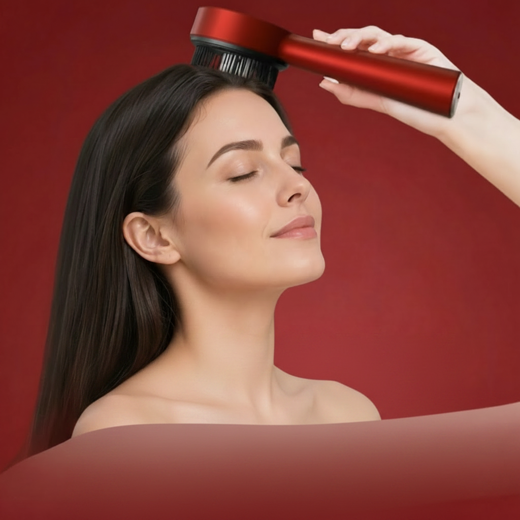 Brosse massante infrarouge massant les cheveux  d'une femme