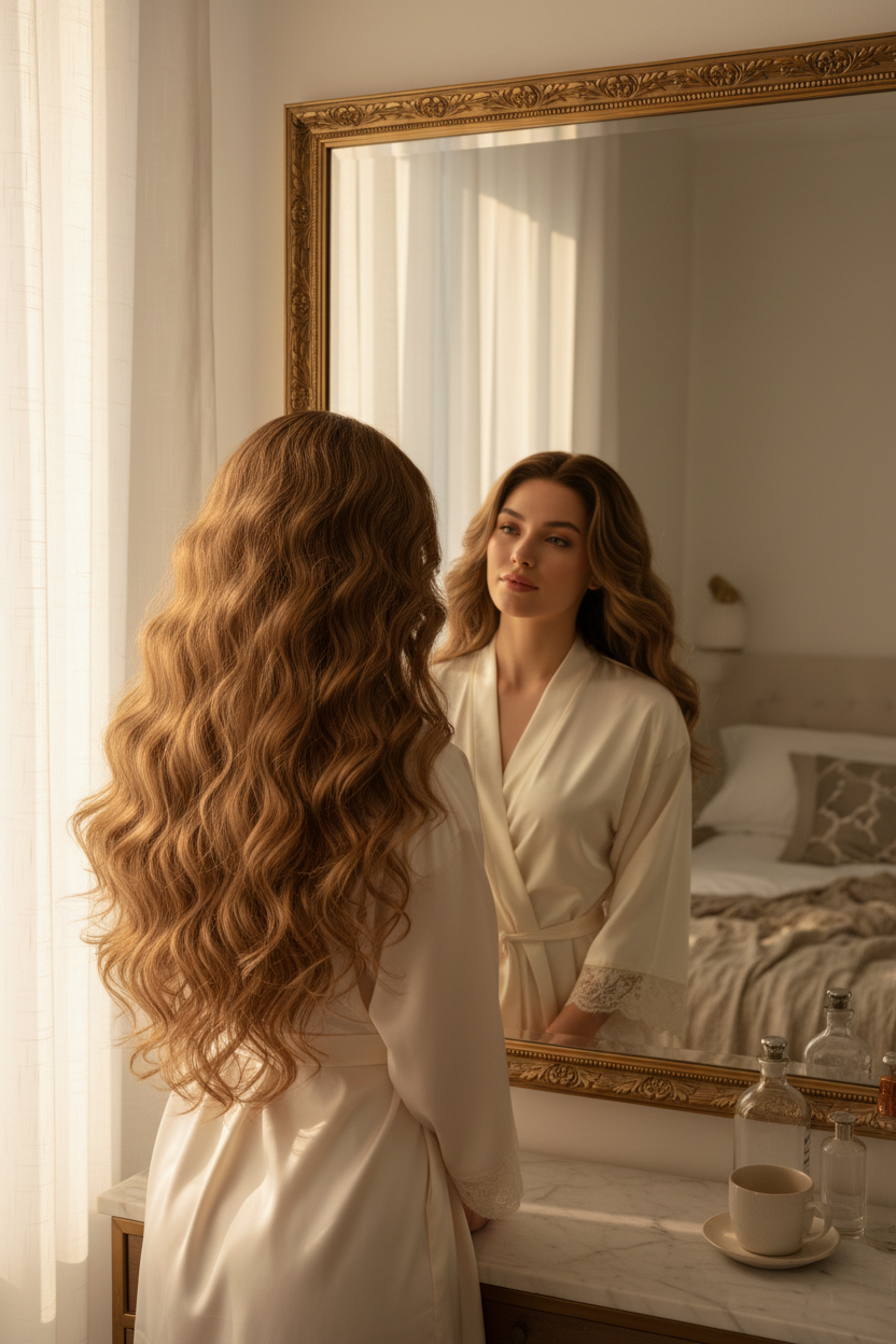Perruque femme sur dame au reveil devant son miroir