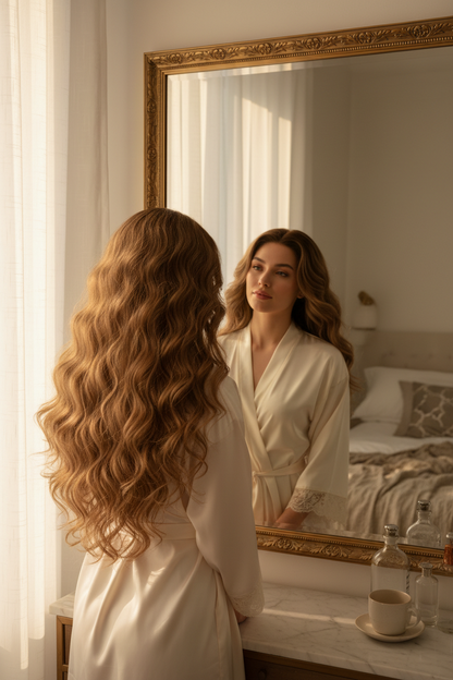 Perruque femme sur dame au reveil devant son miroir