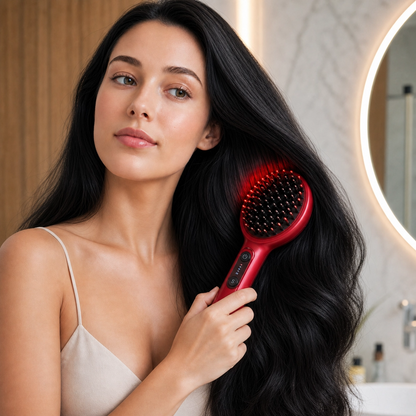 brosse massante infraroue rouge sur cheveux noirs femme